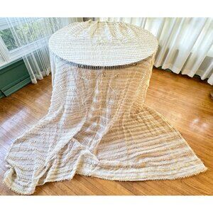 Vintage 70s net woven curtain, long cream & brown mesh, single pleated panel